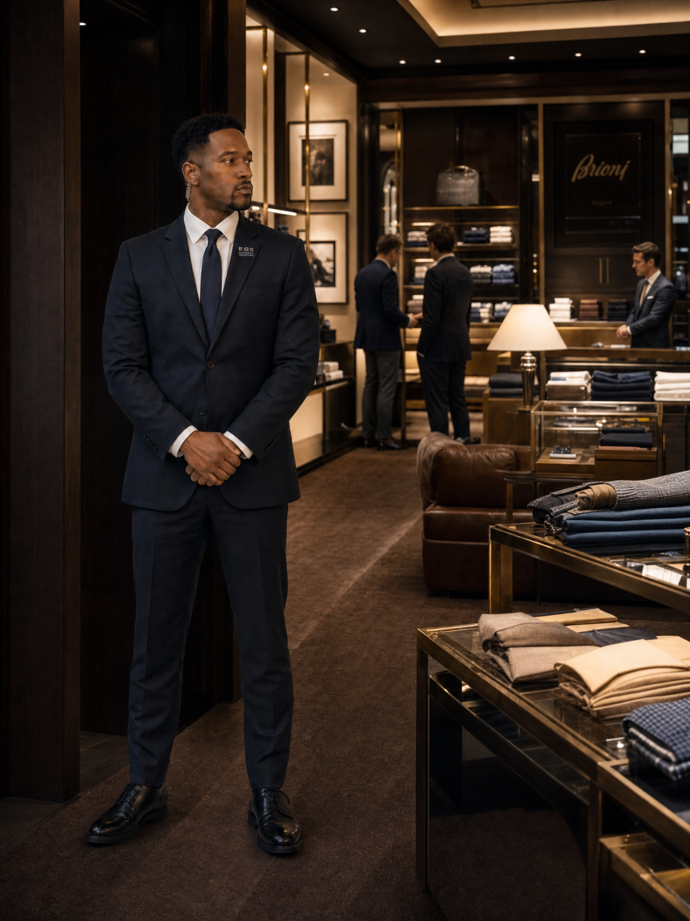 EGS Security Solutions officer in business attire at a luxury Northern Virginia retailer.