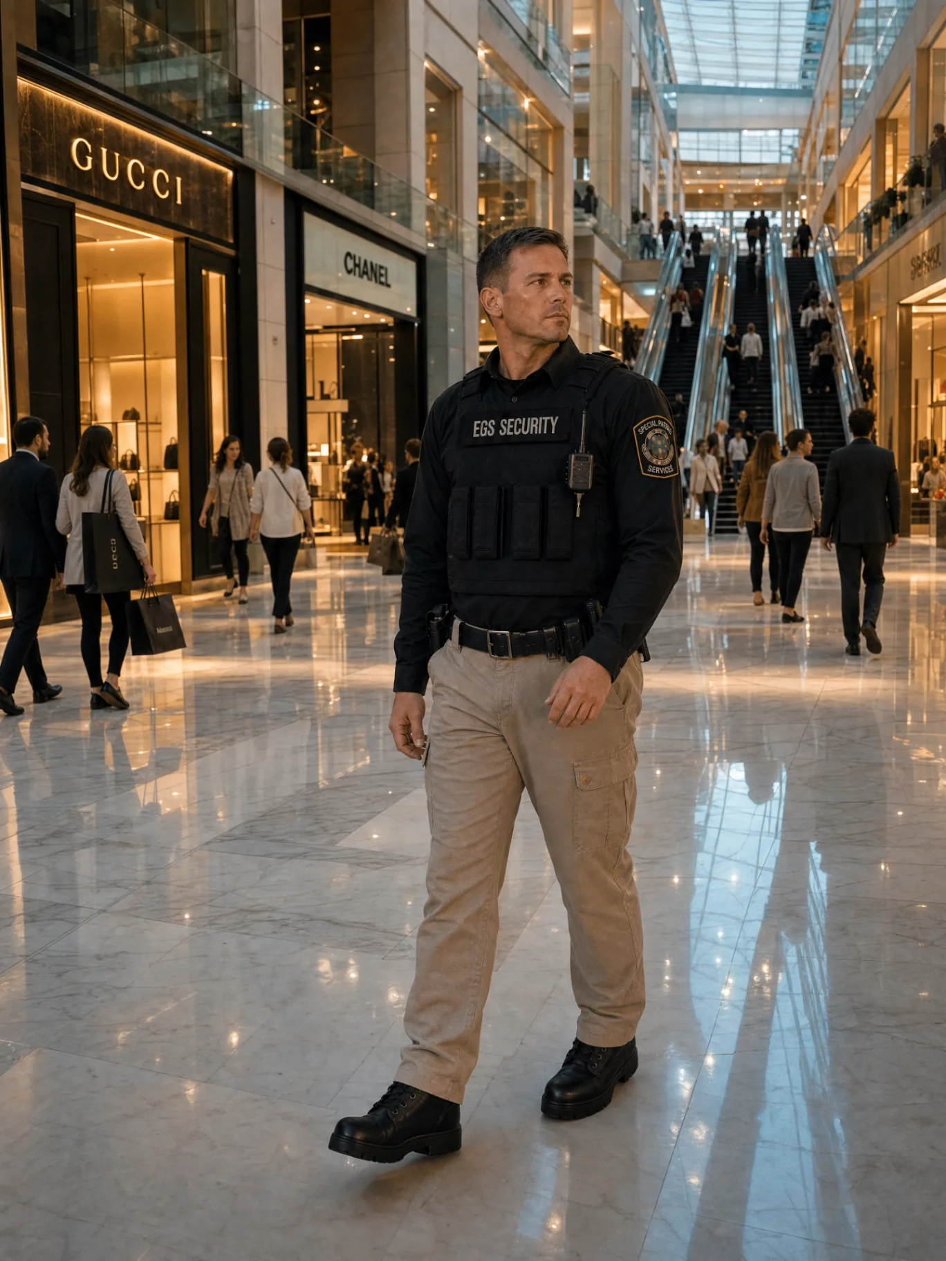 EGS Security officer on patrol inside an upscale Northern Virginia shopping center near luxury storefronts