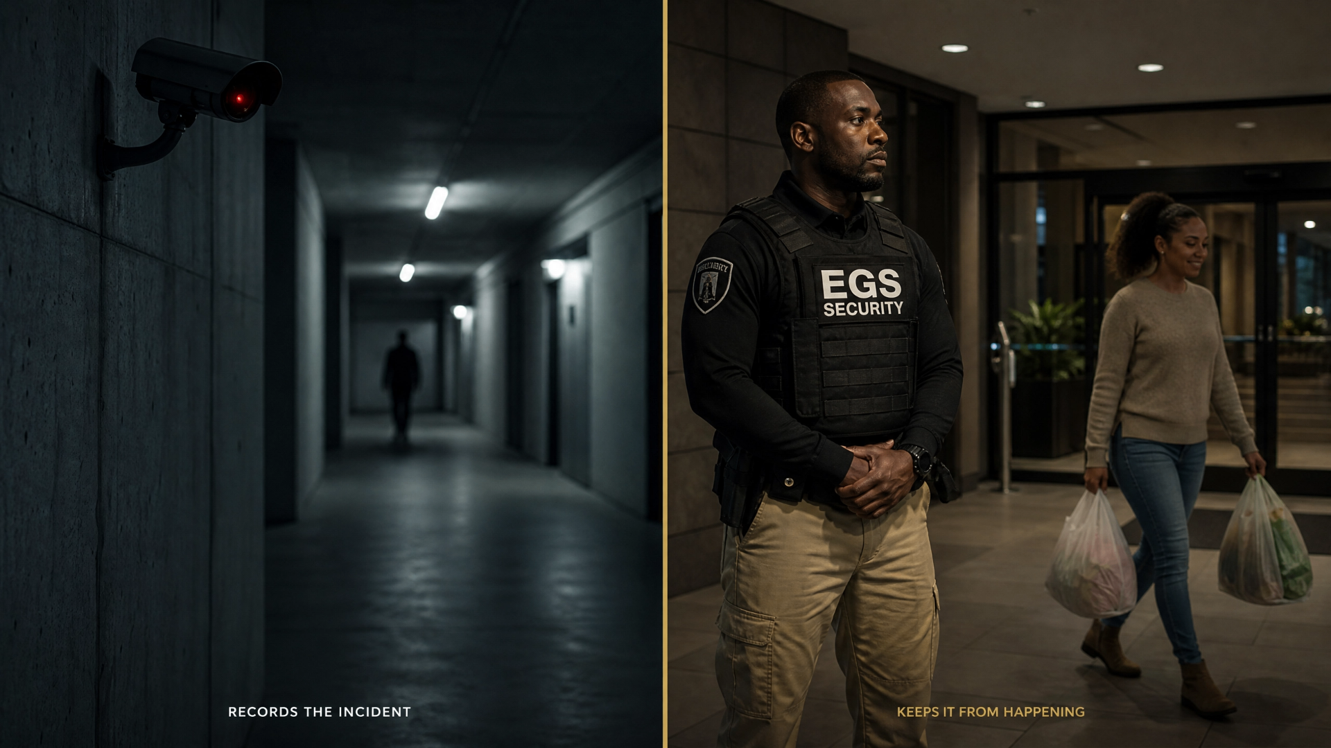 Split image: surveillance camera records an incident in a dark hallway, while an EGS security officer keeps a resident safe in a well-lit lobby.