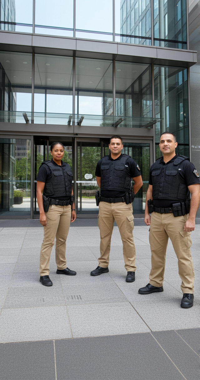 Professional armed security officers standing in front of corporate building