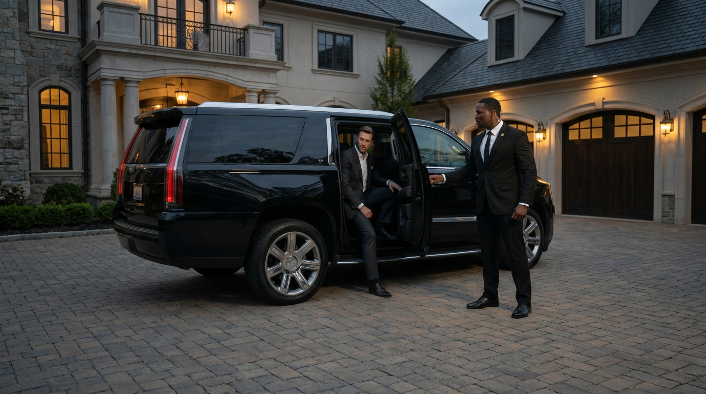 Executive protection agent providing secure transportation for a client at a private estate