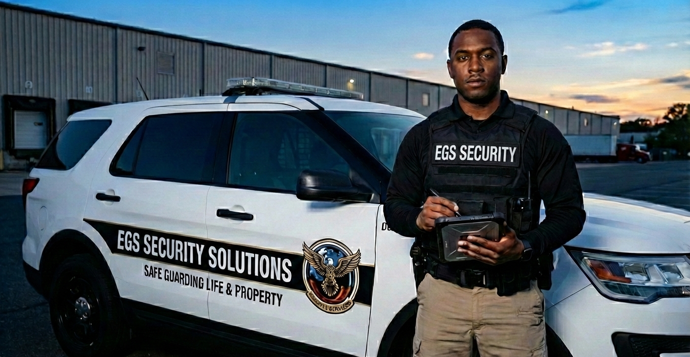 EGS Security officer with patrol vehicle conducting mobile patrol