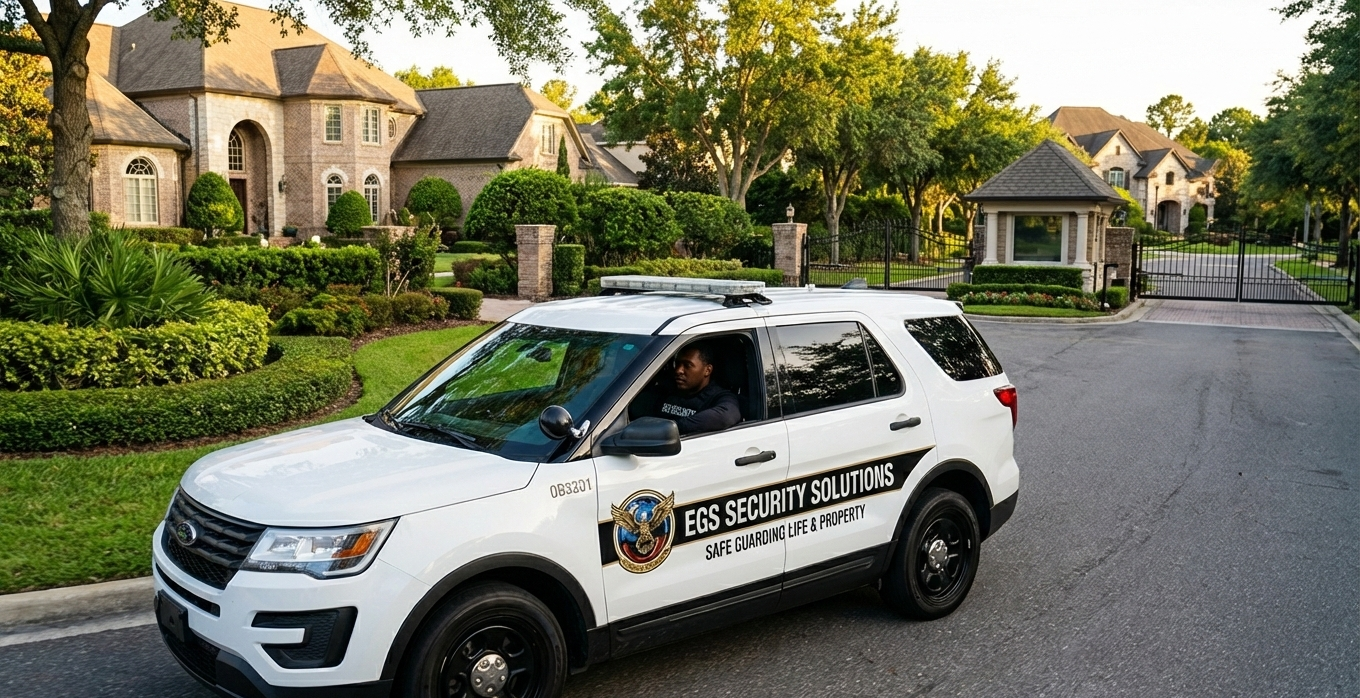 EGS Security Solutions patrol vehicle in residential neighborhood